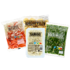 boerenkool grof zak à 300 gram,
hutspot, zuurkool
of kruimige aardappel zak/schaal à 500 gram